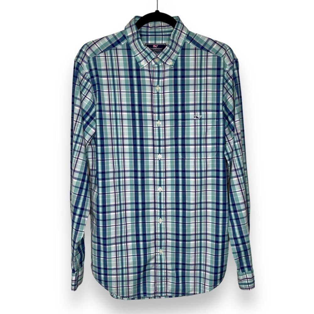 Vineyard Vines Shep and Ian Classic Fit Tucker Shirt Blue Green Plaid Men Medium